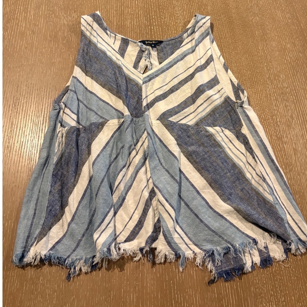 Indigo Rein Women's Striped Fringe Hem Sleeveless Tunic Top Size M Blue White